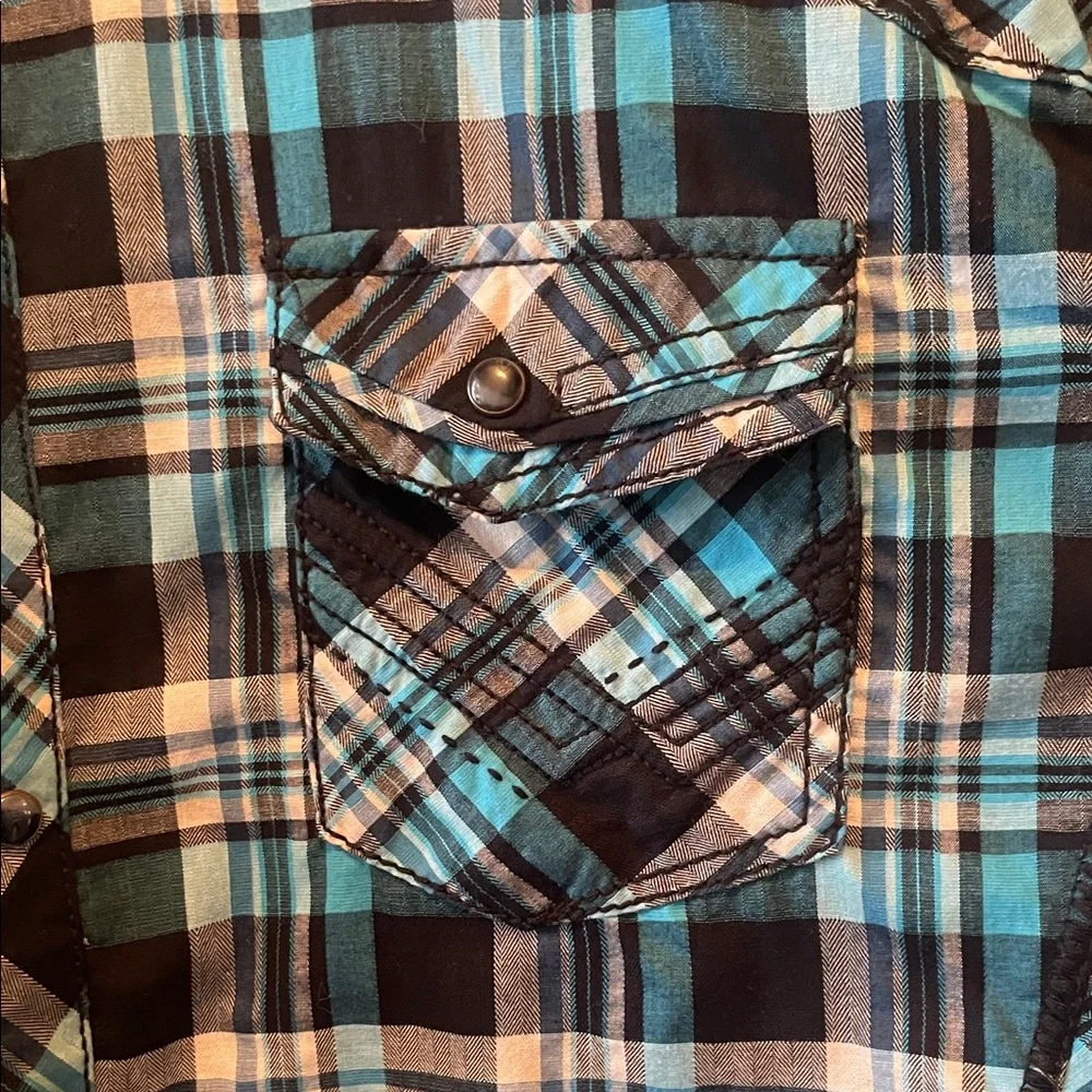 Buckle Black Mens Button Plaid Shirt in black, white and teal size XL
